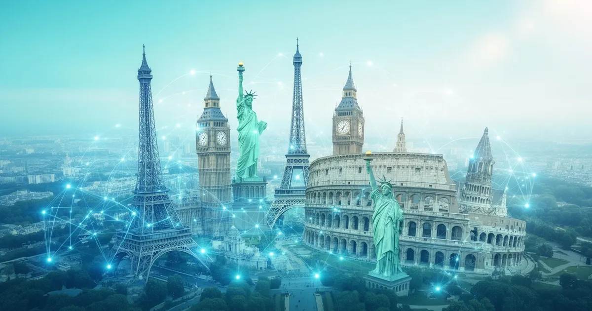 World landmarks connected by a glowing digital network, representing TripSIM travel eSIM coverage across 190+ destinations